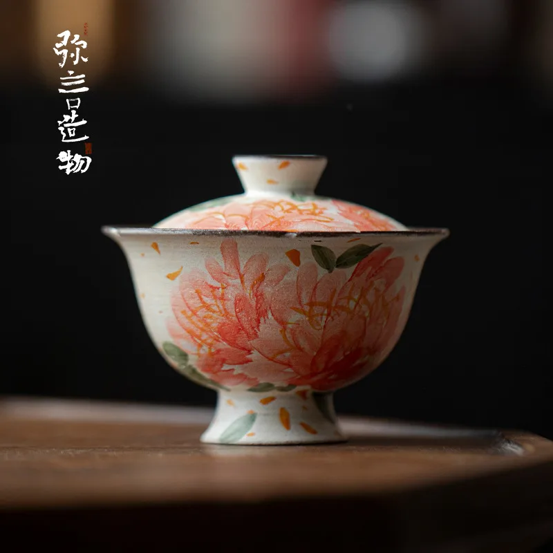 粉引—绮彩牡丹—花口盖碗